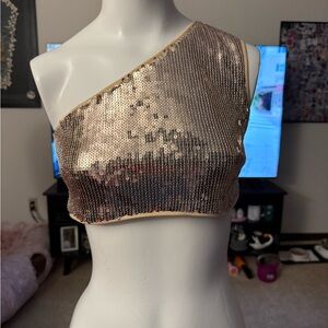 Fashion Nova Gold Sequin One-Shoulder Crop Top